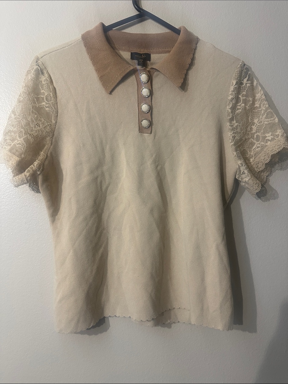 Ontwelfth Beige Lace Sleeve Polo Top with Contrast Collar Sz XL